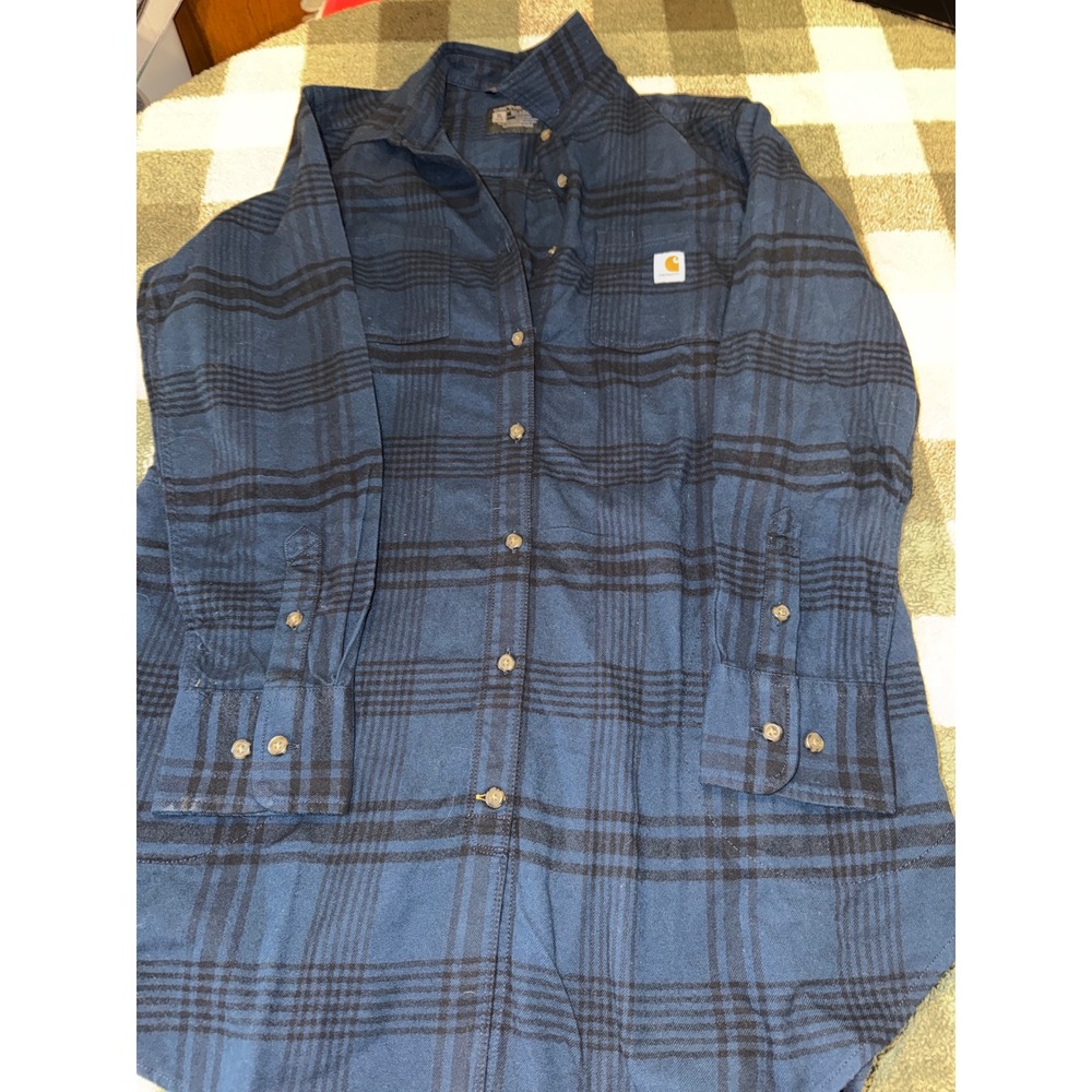 Carhartt Rugged Flex Flannel Shirt Womens XL Relaxed Fit Navy Blue Plaid Button